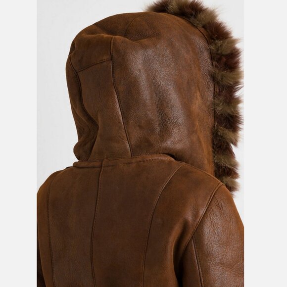 Genuine Suede Sheepskin Shearling Fur Coat Long Hood Vintage Penny Lane Princess - Picture 6 of 9